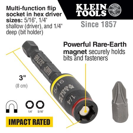 Klein Tools 3-in-1 Impact Flip Socket, 1/4-Inch, 5/16-Inch, 3-Inch Length 32766